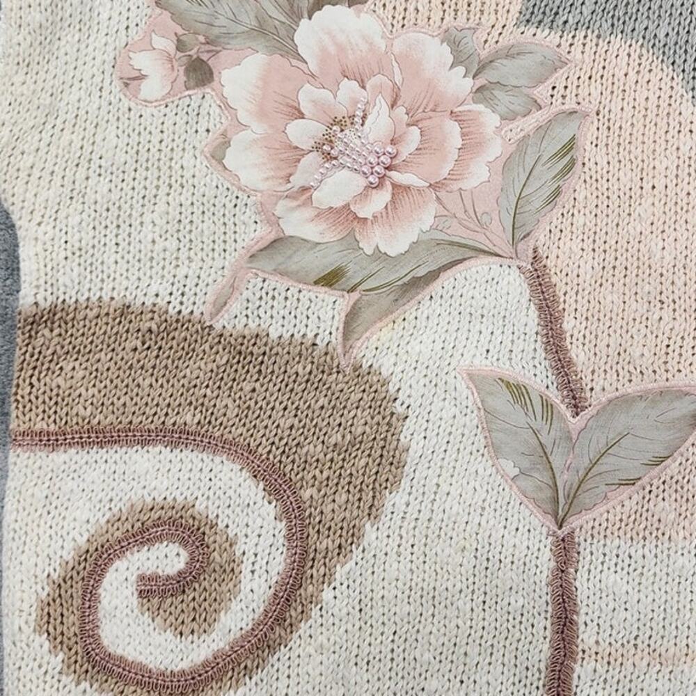 Vintage Erika Sweater Womens S‎ Beige Linen Floral Pearls Beaded Short Sleeve - Picture 3 of 8